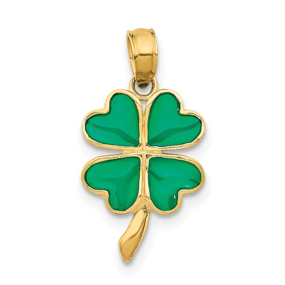 14k Yellow Gold 4-Leaf Clover Shamrock Enameled Necklace Charm Pendant